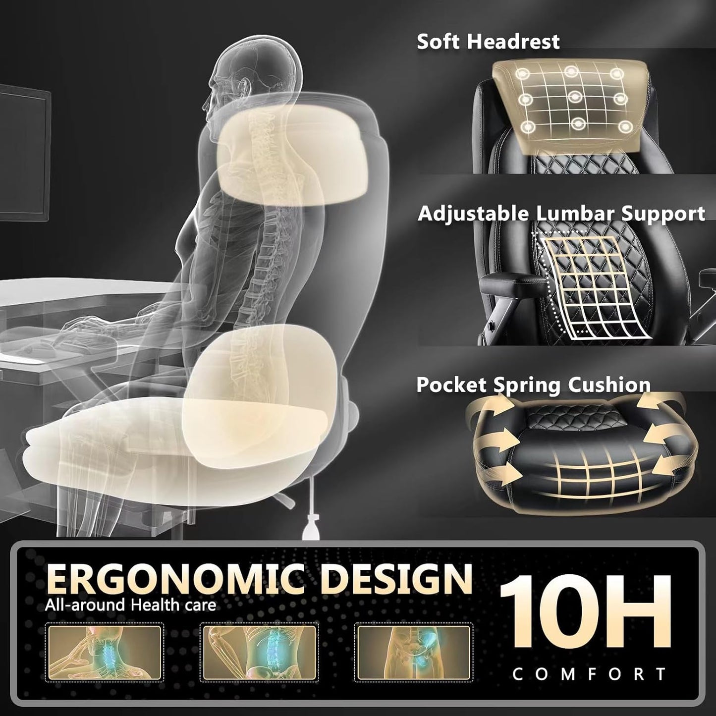 600LBS Large Heavy Duty Office Chair with 5D Flip Arms, Comfy Big and Tall Executive Office Desk Chair with Pocket Spring Cushion,High Back Computer Chair with Lumbar Support,Dual Rubber Wheel