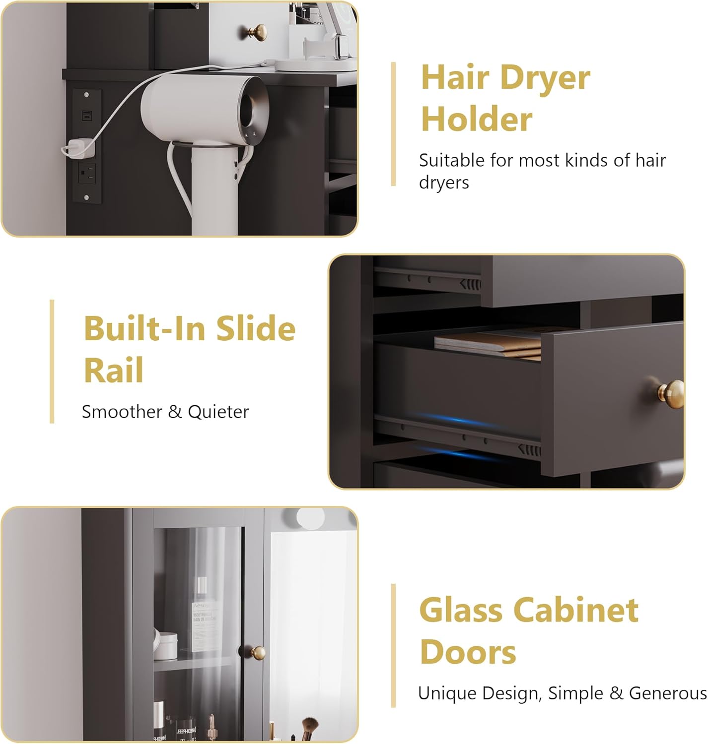 Makeup Vanity Desk with Mirror and Lights, Black Vanity Table Set with Storage Drawers, Charging Station, Cabinets & Chair, Large Dressing Table with RGB Ambient Light for Women Girls Bedroom Bathroom