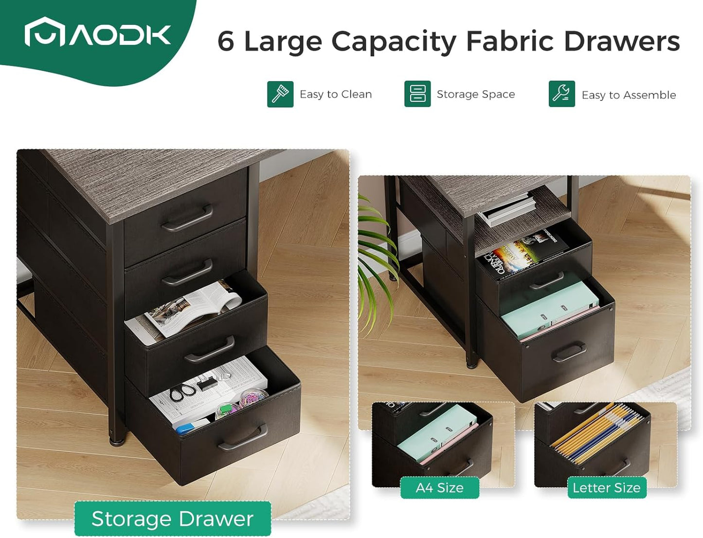 AODK 66" L Shaped Desk, 113" Computer Desk with File Cabinet & 4 Fabric Drawers, Home Office Desk with Monitor Shelf & Power Outlet, Two Person Desk or Corner Desk, Gaming Table with LED Light, Grey