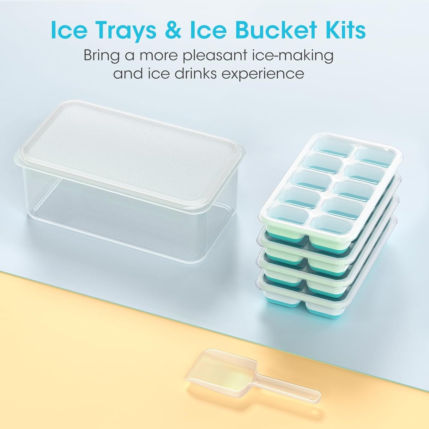 DOQAUS Ice Cube Tray with Lid and Bin, 4 Pack Silicone Plastic Ice Cubes Trays for Freezer with Box/Container, Stackable with Storage Iced Bucket Kits, Scoop, for RV, Soup, Food, Cocktail, Coffee