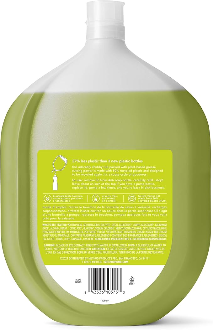 Method Gel Dish Soap Refill, Lime + Sea Salt Scent, Powerful Cleaning Formula, Large Refill Tub, Biodegradable Formula, Cuts Through Grease, 54 Fl Oz