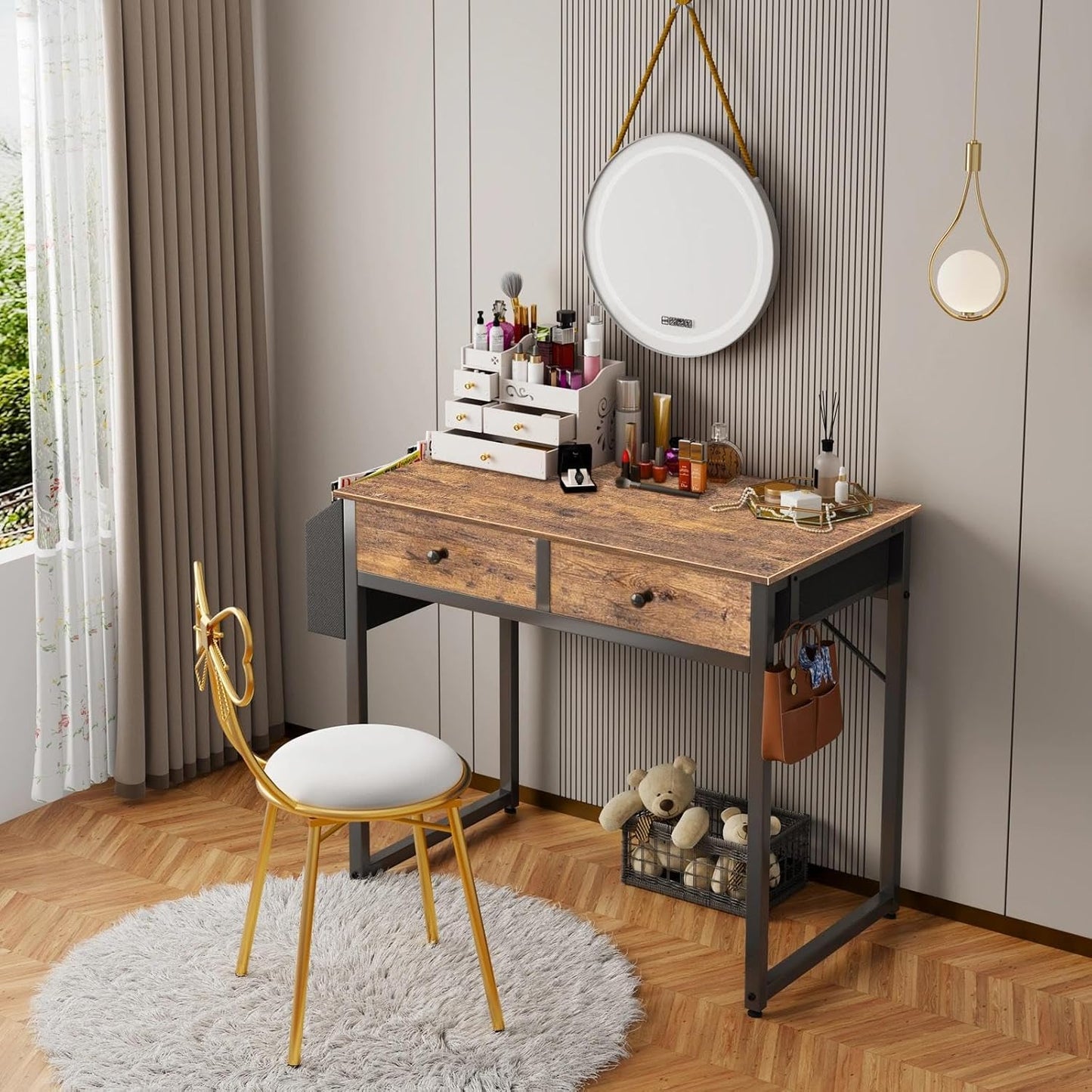 Lufeiya Small Computer Desk with 2 Drawers for Bedroom, 31 Inch Home Office Desk with Storage Fabric Drawer and Bag, Study Writing Table for Small Spaces, Rustic Brown