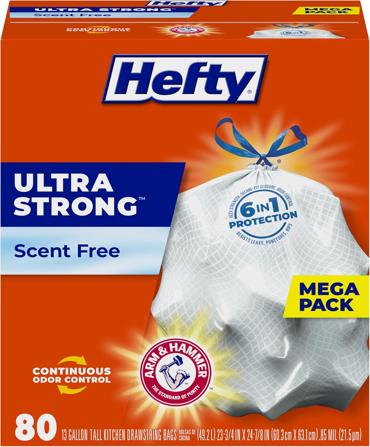 Hefty Ultra Strong Tall Kitchen Trash Bags, Unscented, 13 Gallon, 80 Count