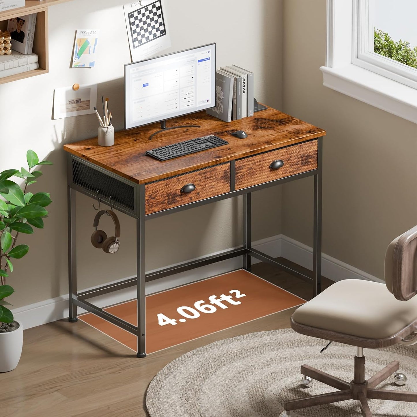 Furologee Small Computer Desk with 2 Fabric Drawers for Bedroom,34 Inch Home Office Writing Desk, Vanity Desk with Hooks, Simple Study Desk for Small Spaces, Makeup Dressing Table, Rustic Brown