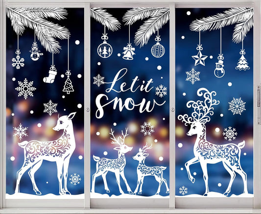 6 Sheet Winter Window Clings White Snowflake Reindeer Pine Branch Christmas Reusable Window Decals for Xmas Winter Party Home School Office Decor