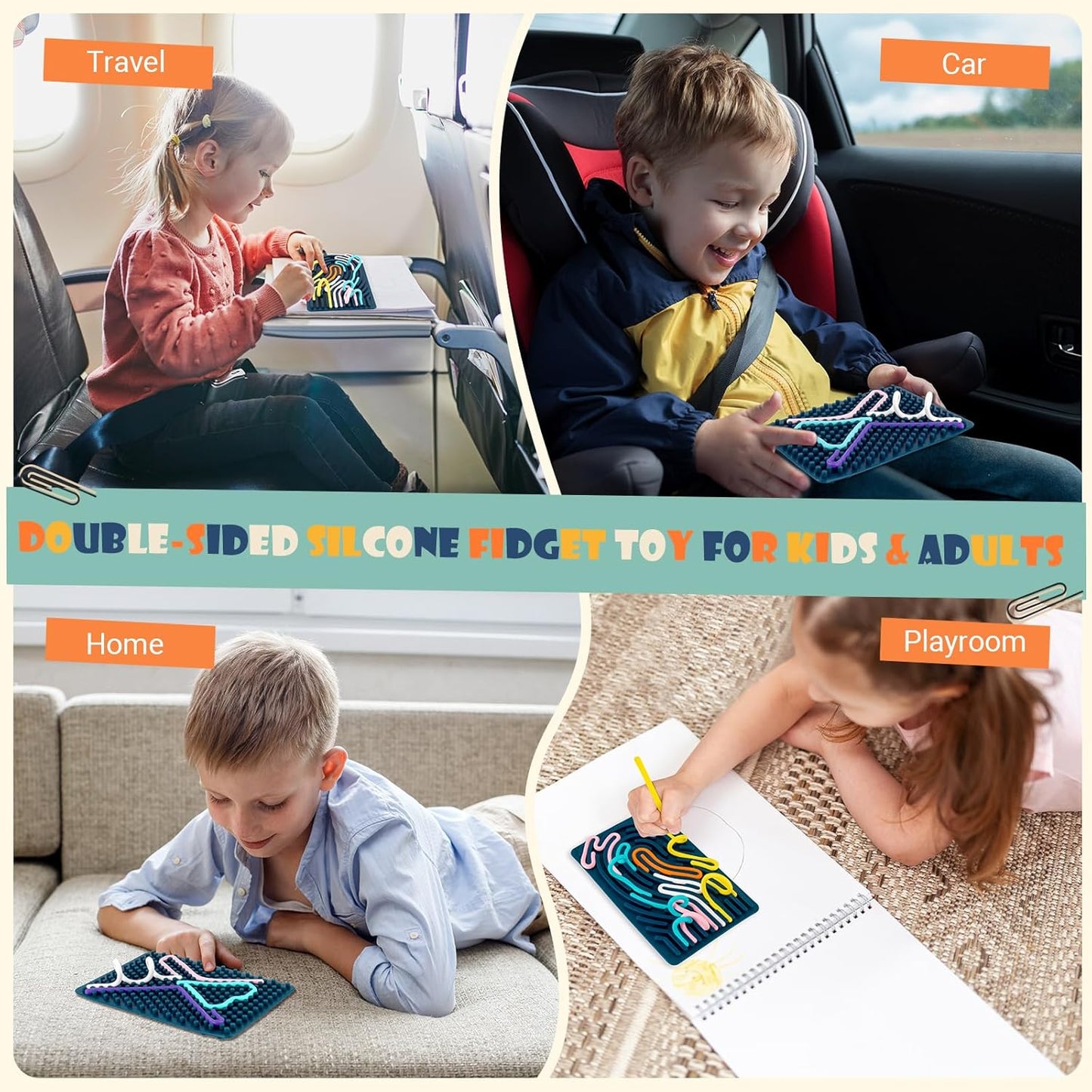 Sensory Activity Board, Double-Sided Silicone Sensory Fidget Toy with 15 Strings for Autism, Stress, Anxiety, Calming, Focus, No Mess, ADHD & Silent, for Kids 3+ & Adults with Portable Travel Bag