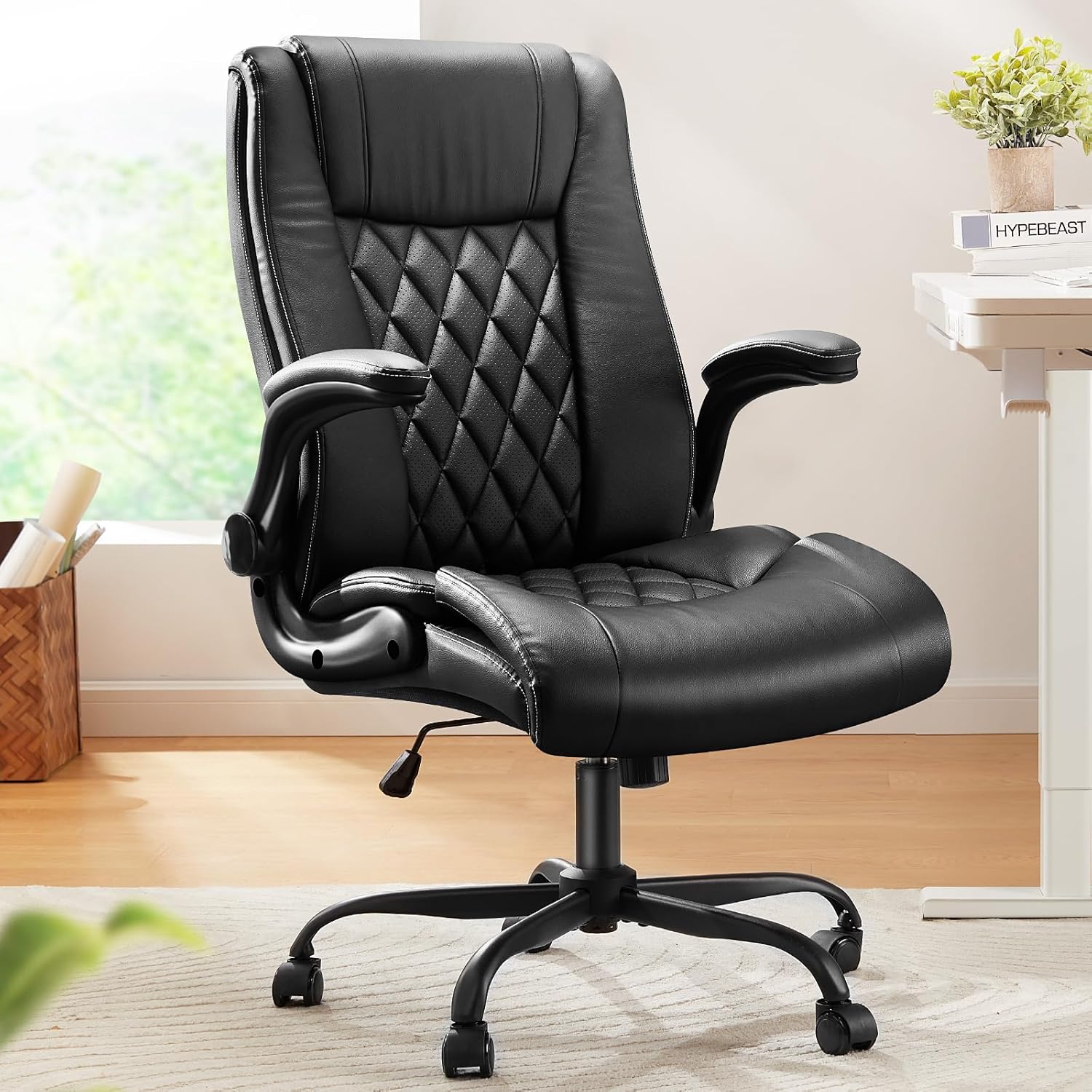 Marsail Executive Office Chair with Flip-up Armrests,PU Leather Ergonomic Desk Chair Height-Adjustable Swivel Rolling Computer Desk Chair,Black