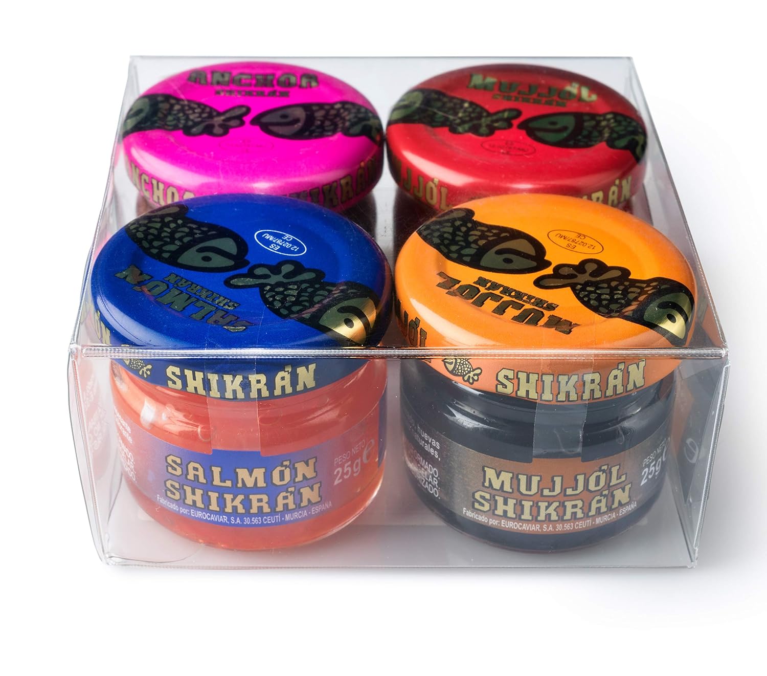 Eurocaviar - Shikran - Sampler pack: 4 x 0.88 oz Mullet Roe Black Caviar Pearls + Mullet Roe Red Caviar Pearls + Smoked Salmon Caviar Pearls + Anchovies Caviar Pearls [Premium Caviar Alternative]