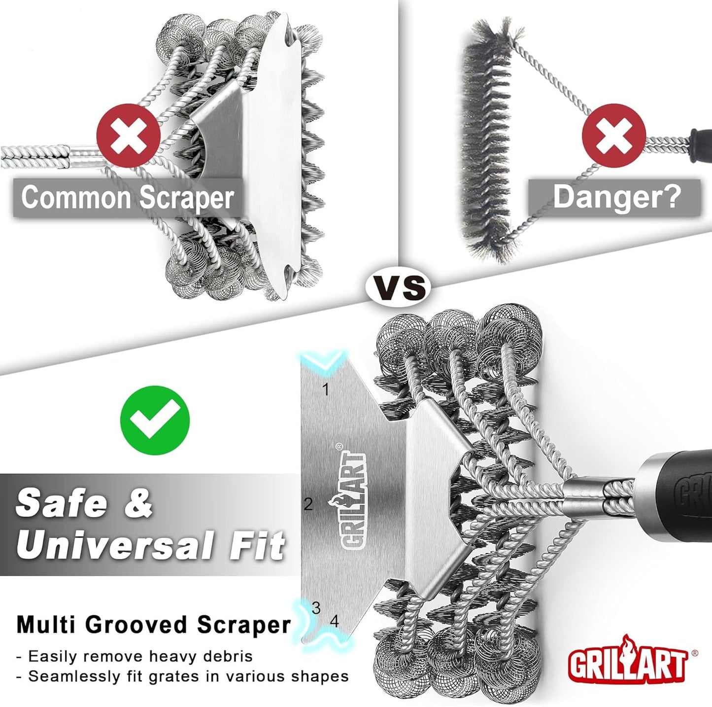 Grill Brush and Scraper Bristle Free – Safe BBQ Brush for Grill – 18'' Stainless Grill Grate Cleaner - Safe Grill Accessories for Porcelain/Weber Gas/Charcoal Grill – Gifts for Grill Wizard