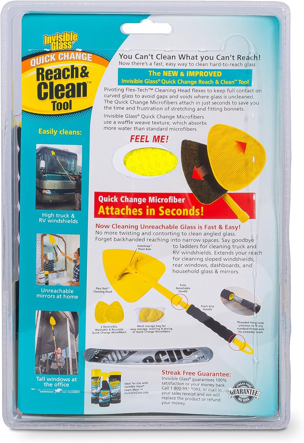Invisible Glass 95160 Reach & Clean Glass Windshield Cleaner Tool Kit With Extendable Handle, (2) Reusable Quick Change Microfibers, and Storage Bag for Auto Windshield, Trucks, SUVs, RVs, and Windows