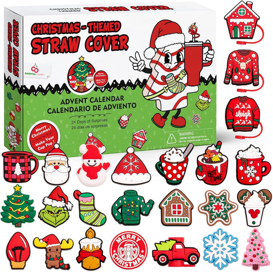 Advent Calendar 2025 - Christmas Countdown Calendars 24 Days of Surprises with 10mm Straw Toppers - Straw Cover Caps Funny Gifts for Cup 30Oz 40Oz Tumbler Kids Teens Boys Girls Adults