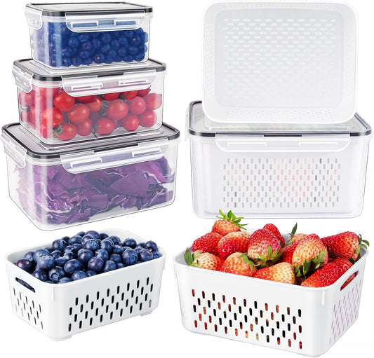 Freshmage Fruit Storage Containers for Fridge with Removable Colander, Airtight Food Storage Container, Dishwasher Safe Produce Saver Container for Refrigerator, Keep Berry Fruit Fresh 4 pcs Small