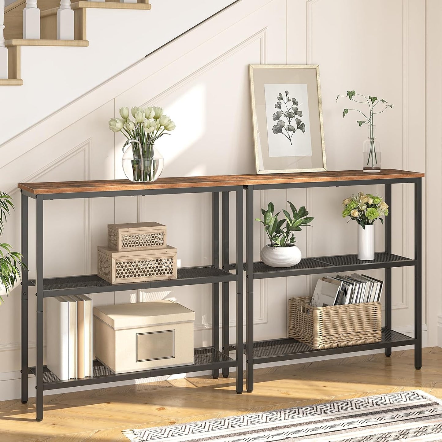 HOOBRO 29.5" Narrow Console Table, 3-Tier Entryway Table, Thin Sofa Table with Shelves, Side Table, Display Table, for Hallway, Entrance, Living Room, Bedroom, Rustic Brown and Black BF73XG01