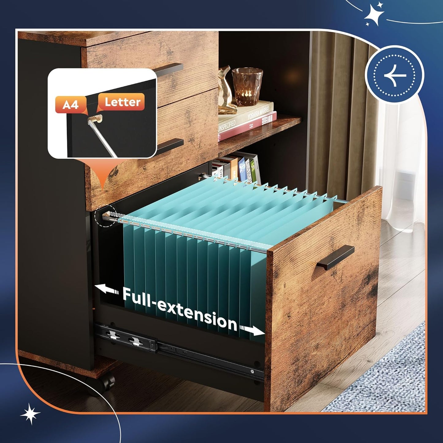 DEVAISE 3 Drawer Mobile File Cabinet, Wood Lateral Filing Cabinet, Printer Stand with Open Shelves for Home Office, Rustic Brown