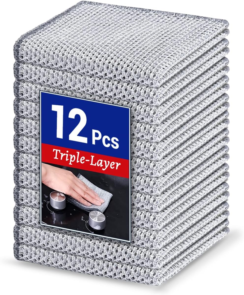 12 PCS New Upgrade 3-Layer Non-Scratch Multipurpose Steel Wire Dishcloths - Reusable Quick-Dry Odor-Free Scrub Cloths for Dishes, Kitchen Cleaning Cloths for Cookware, Sinks, Stove Tops 7.87“ x 7.87”