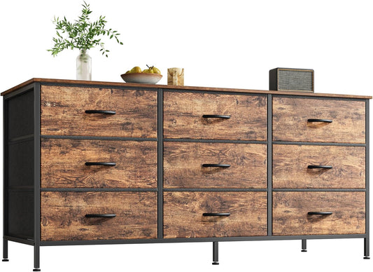 Huuger 9 Drawer Dresser, 47 Inch Dresser TV Stand for 50, 55 Inch TV, Entertainment Center with Drawers, for Bedroom, Closet, Rustic Brown