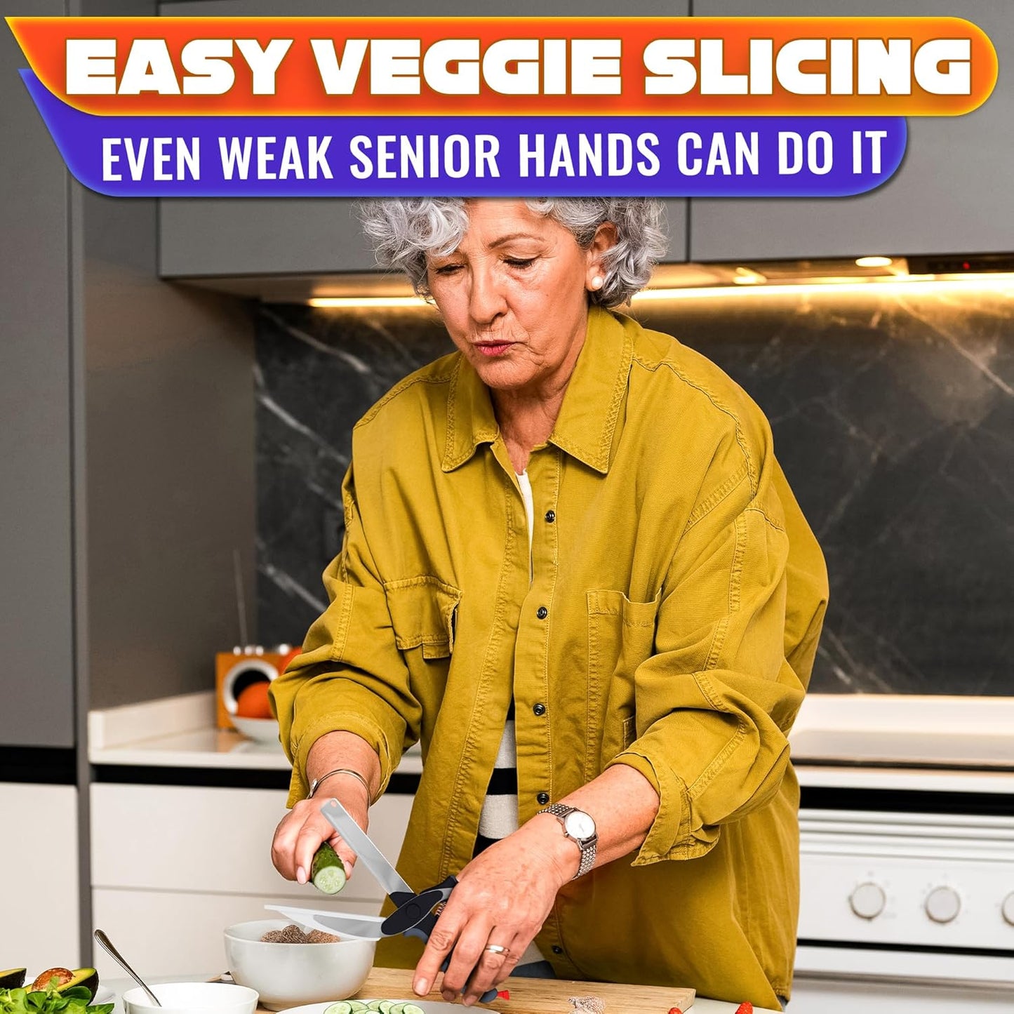 2 in 1 Kitchen Scissors for Food – Stainless Steel Blade & Plastic Cutting Board Scissors with Safety Lock | 9.6" Tomato Knife, Fruit & Vegetable Cutter – Easy-to-Use Kitchen Shears for Meat, Cheese