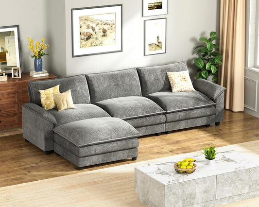Homall 119" Modular Sectional Sofa, L Shaped Sofa Couch with Reversible Ottoman, DIY Combination Chenille Deep 3-Seat Cloud Couch for Living Room, Apartment (Light Grey, L Shaped Sofa)