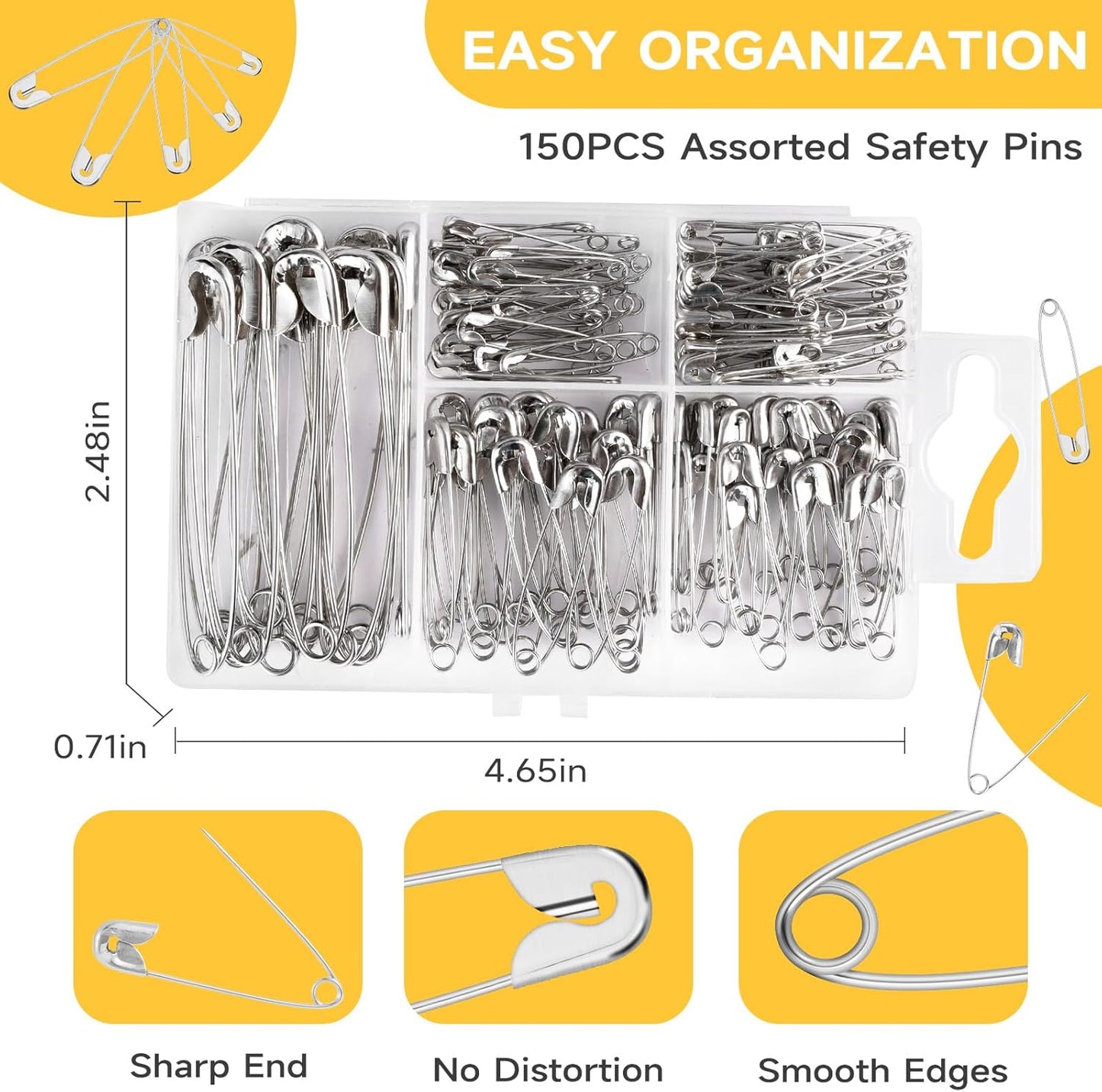 Huhuhero 160Pcs Safety Pins, Large & Small Safety Pins for Clothes Sewing Craft, Nickel Plated Steel Assorted Size Pins Bulk, Art and Craft Supplies (Sliver)