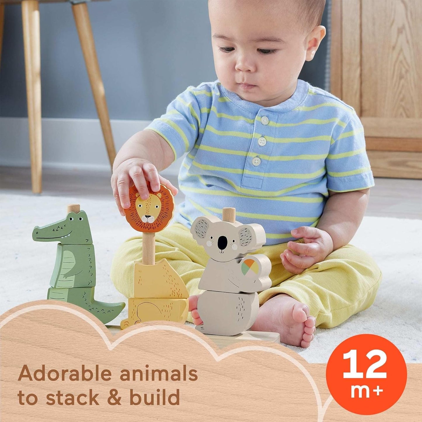Fisher-Price Wood Baby Toy Stack & Sort Animals, 10 Wooden Pieces for Developmental Play for Infants & Toddlers Ages 1+ Years