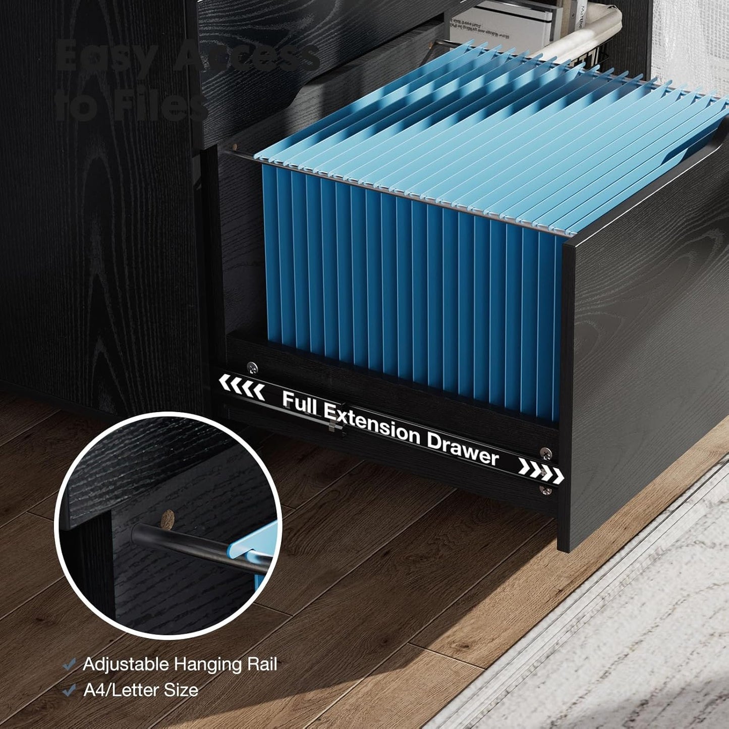 DUMOS Lateral File Cabinet with 3 Drawers Rolling Filing Cabinets Under Desk Storage Printer Stand Wood Organizer with Wheels Adjustable Shelf for Office Home Small Space, Black