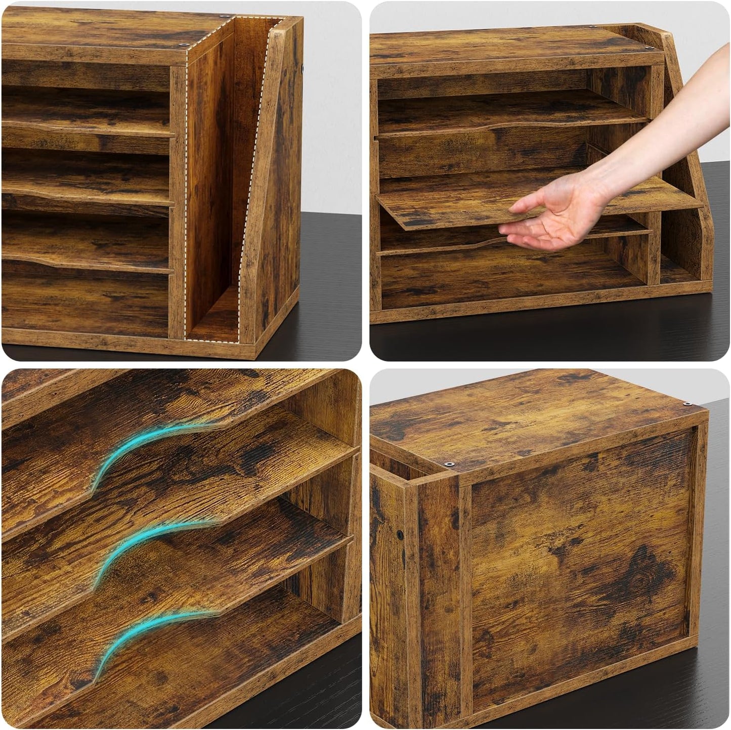 File Organizer Desktop, Wood Desk Organizer with 3 Adjustable Shelves, Mail Paper Sorter for Office, Home, File Holders for Envelopes, Mail Supplies or Magazines, Rustic Brown