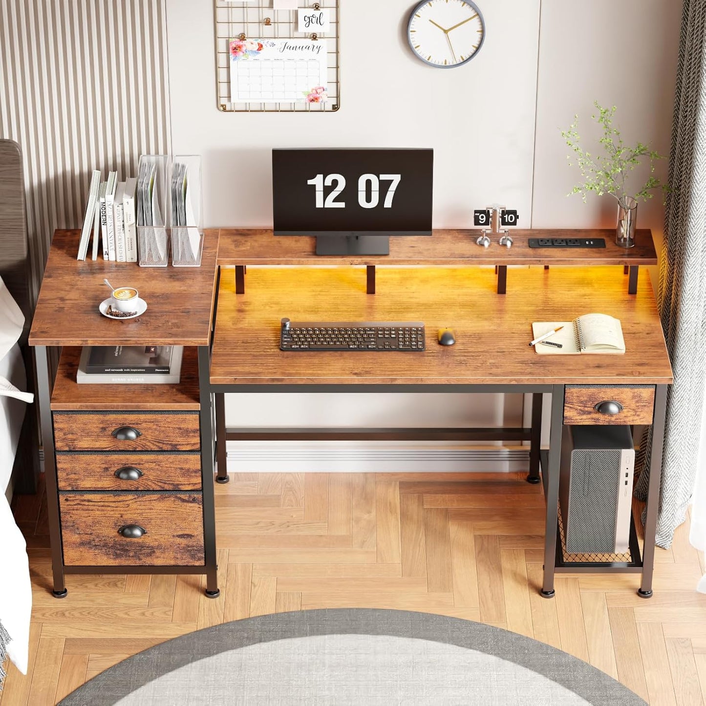 Furologee 60" Computer Desk with 4 Drawers and Printer Space, Gaming Desk with LED Lights and USB Power Outlets, Office Desk with Fabric File Cabinet, Work Table with Shelf for Bedroom, Rustic Brown