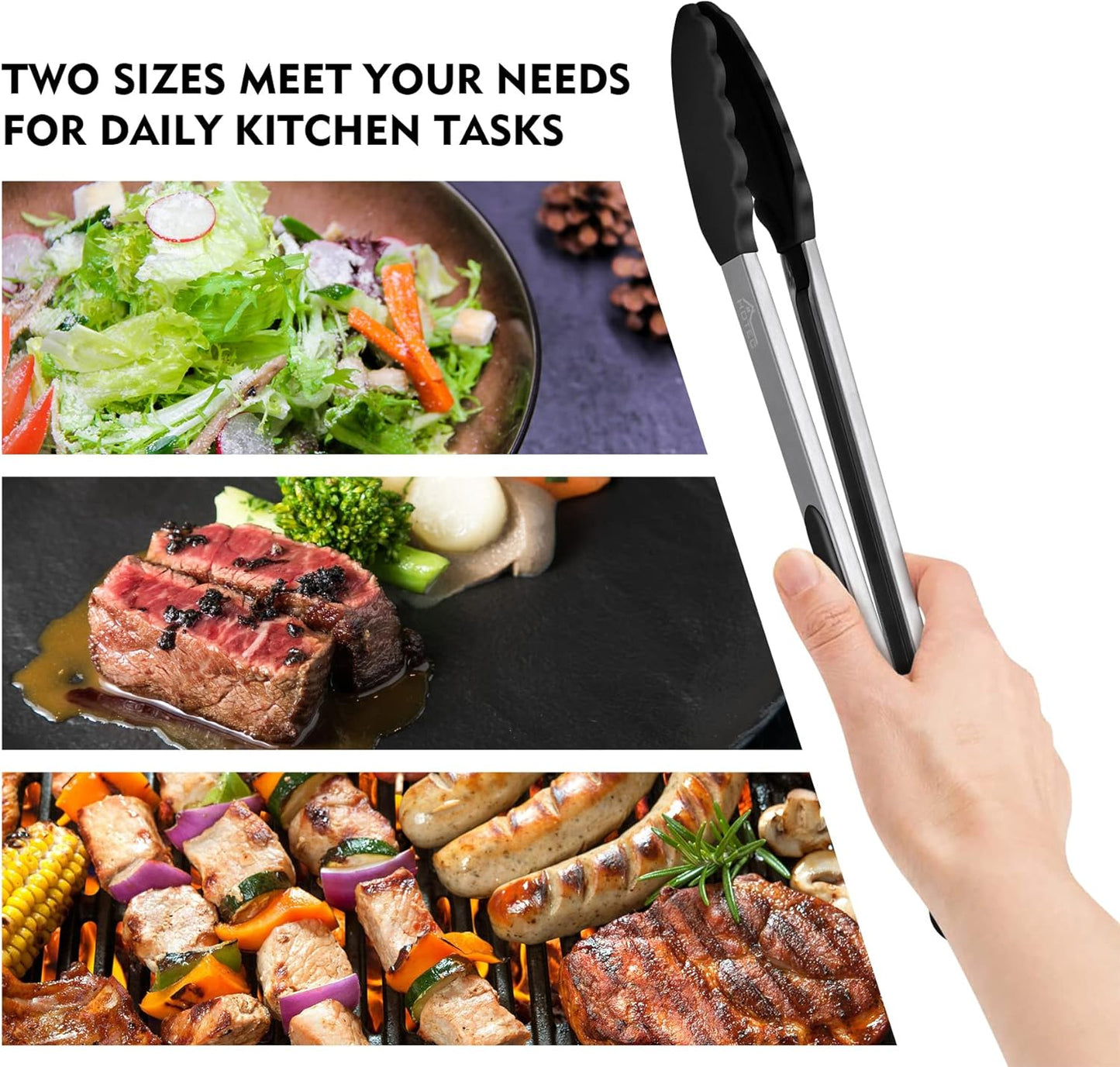 HOTEC Premium Stainless Steel Locking Kitchen Tongs with Silicon Tips, Set of 2-9" and 12"