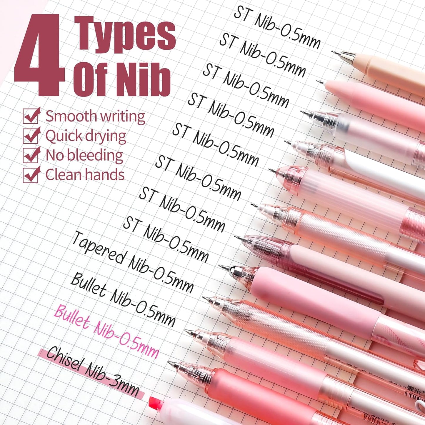 Four Candies Rose Series Gel Pens, Cute Writing Pens with Black & Pink Ink, 0.5 mm Smooth Fine Point, Back to School Office Supplies Girly Stationery Aesthetic Desk Accessories for Women, Set of 12