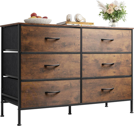 WLIVE Dresser for Bedroom with 6 Drawers, Wide Fabric Dresser TV Stand for 50 Inches TV, with Metal Frame, Wooden Top, Fabric Storage Dressers for Bedroom, Hallway, Entryway, Rustic Brown