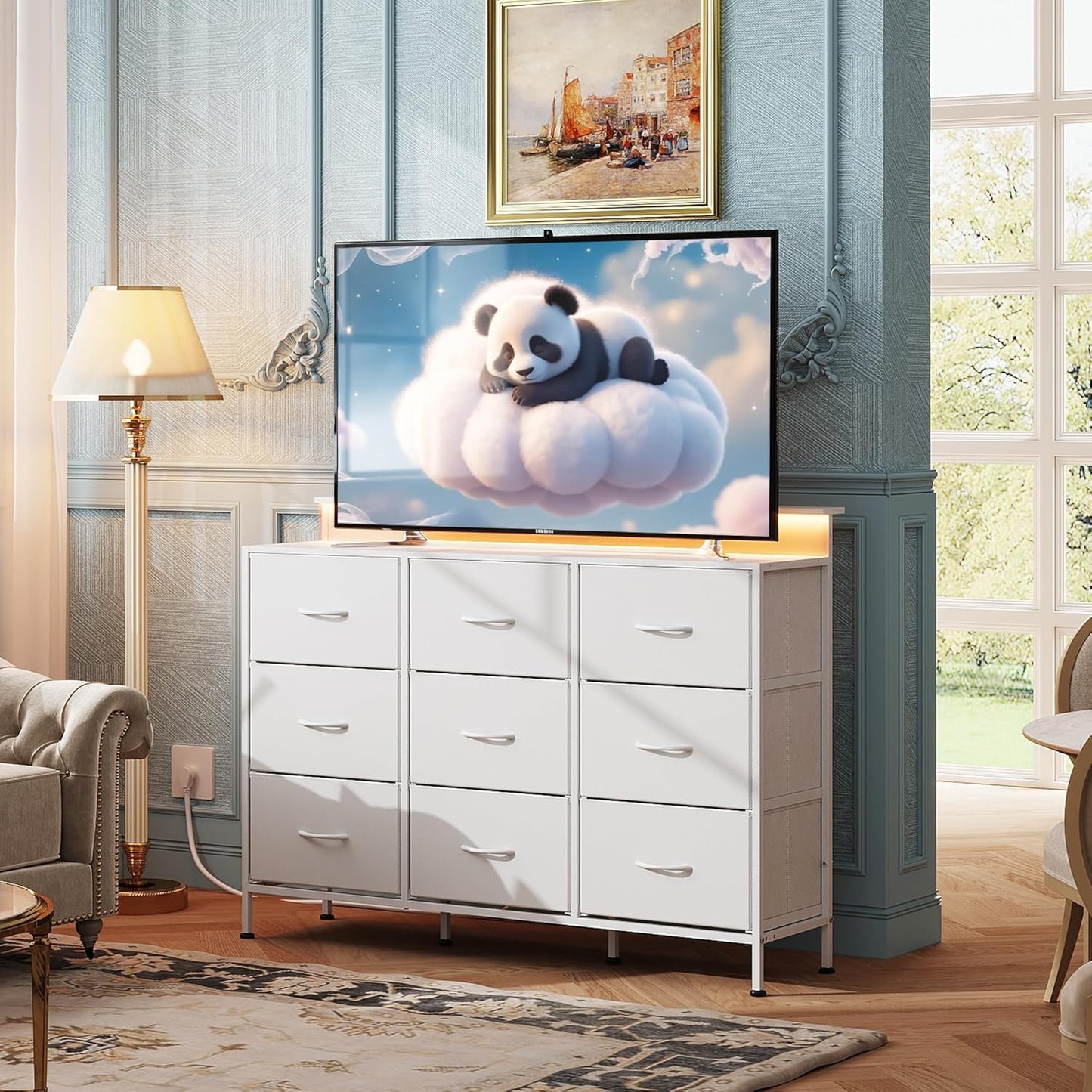 WLIVE White TV Stand for 45, 50, 55 inch TV, Entertainment Center with LED Lights & Charging Station, TV Media Console Table with 9 Fabric Drawers and Open Shelves for Living Room, Hallway, Wood Top