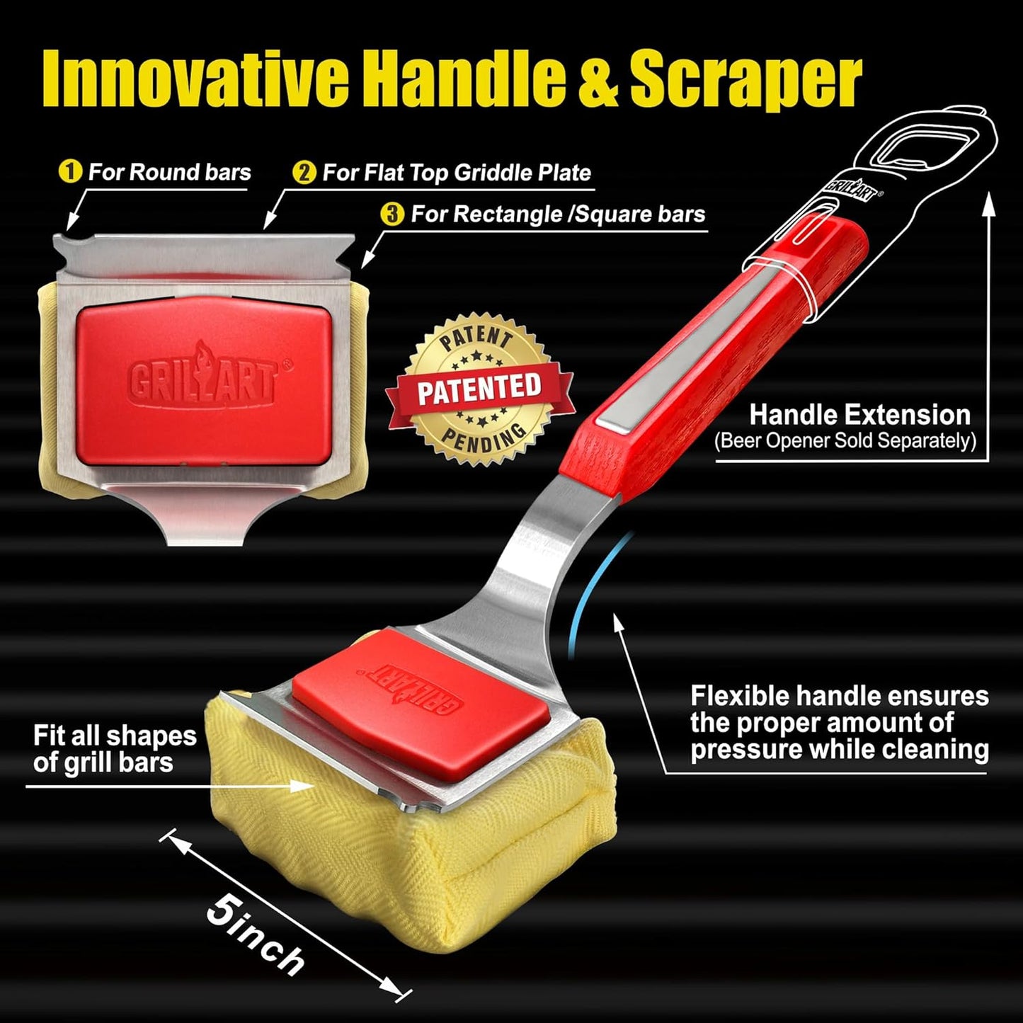 GRILLART Grill Brush Bristle Free. SteamWizards BBQ Replaceable Cleaning Head, Unique Seamless-Fit Scraper Tool for Cast Iron/Stainless-Steel Grates, Safe Barbecue Grill Cleaner-Red