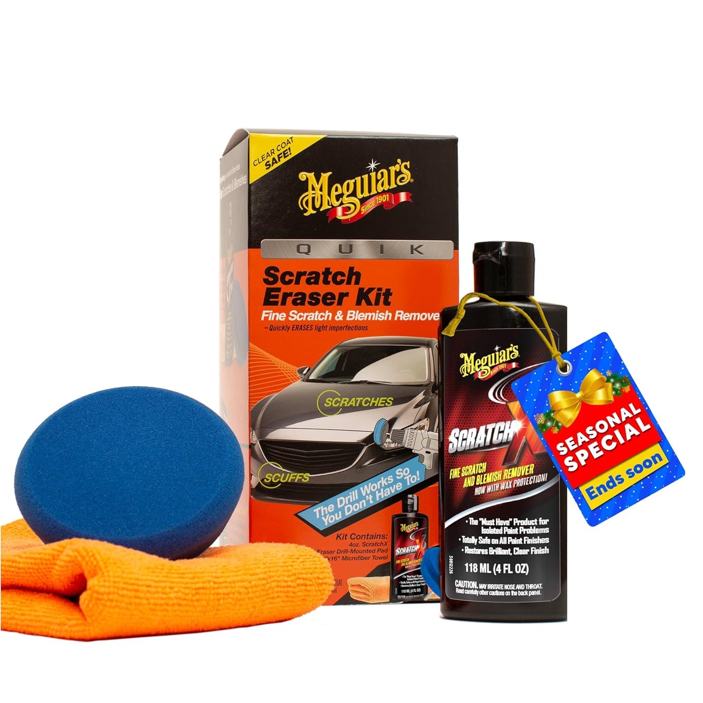 Meguiar’s Quik Scratch Eraser Kit, Car Scratch Remover for Fixing Surface Blemishes, Includes ScratchX, Drill-Mounted Pad, and Microfiber Towel, Great Car Gifts for Men and Women
