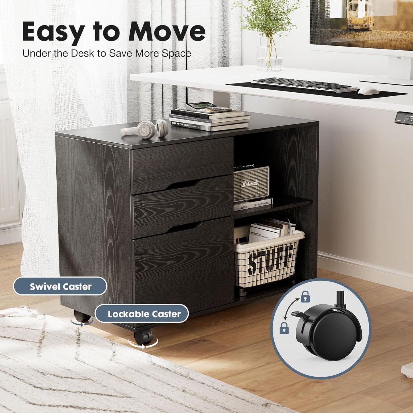 DUMOS Lateral File Cabinet with 3 Drawers Rolling Filing Cabinets Under Desk Storage Printer Stand Wood Organizer with Wheels Adjustable Shelf for Office Home Small Space, Black