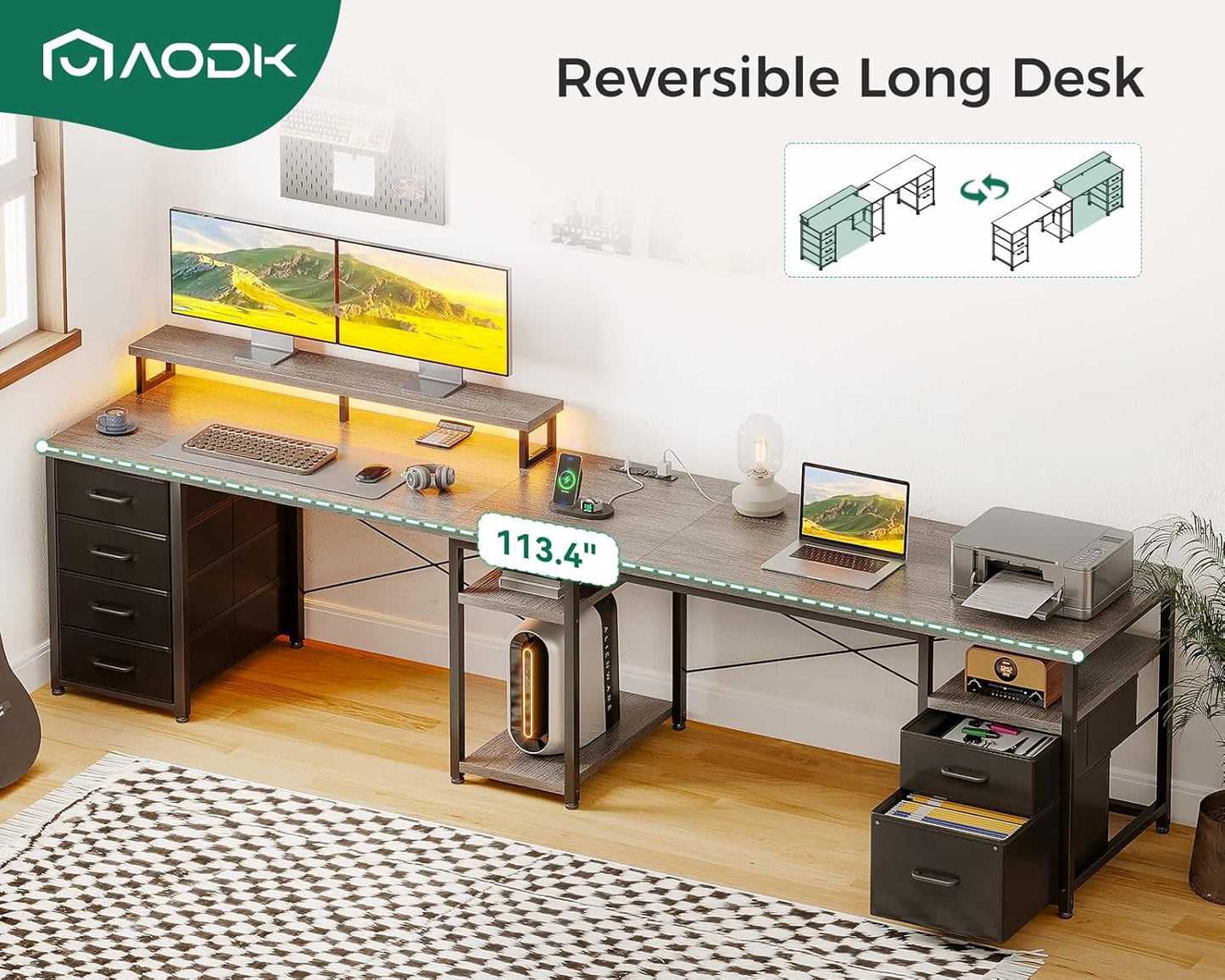 AODK 66" L Shaped Desk, 113" Computer Desk with File Cabinet & 4 Fabric Drawers, Home Office Desk with Monitor Shelf & Power Outlet, Two Person Desk or Corner Desk, Gaming Table with LED Light, Grey