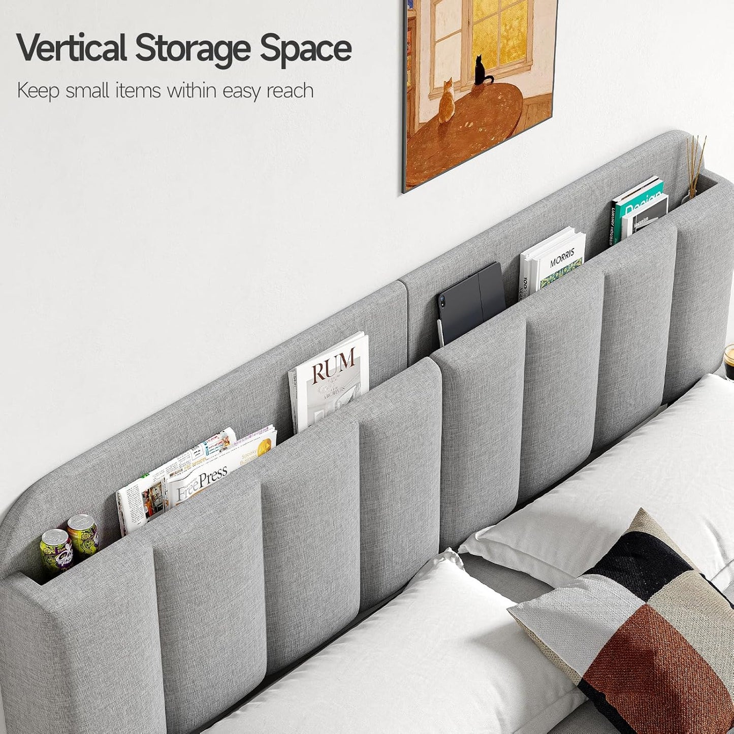 ONBRILL Adjustable Headboard for King/California King Size Bed Frame, Linen Fabric Bed Headboard with Storage & RGB LED Light in Modern Vertical Channel Design, Light Grey