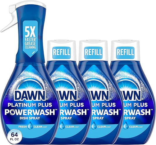 Dawn Platinum Powerwash Dish Spray, Dish Soap Liquid, Fresh Scent Bundle, 1 Spray (16oz) + 3 Refills (16oz each)(Pack of 4)
