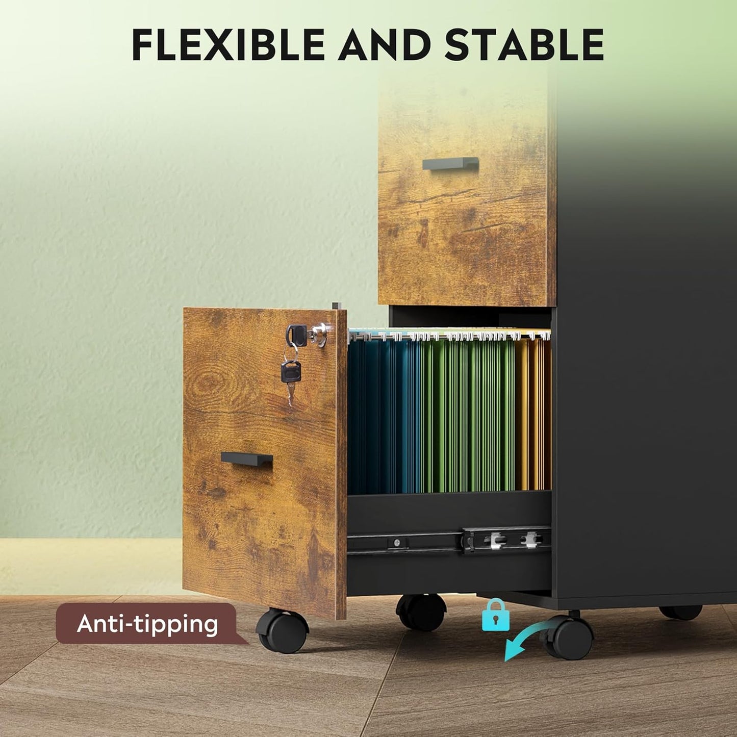 DEVAISE 3 Drawer Rolling File Cabinet with Lock, Wood Filing Cabinet fits Letter / A4 Size for Home Office, Rustic Brown