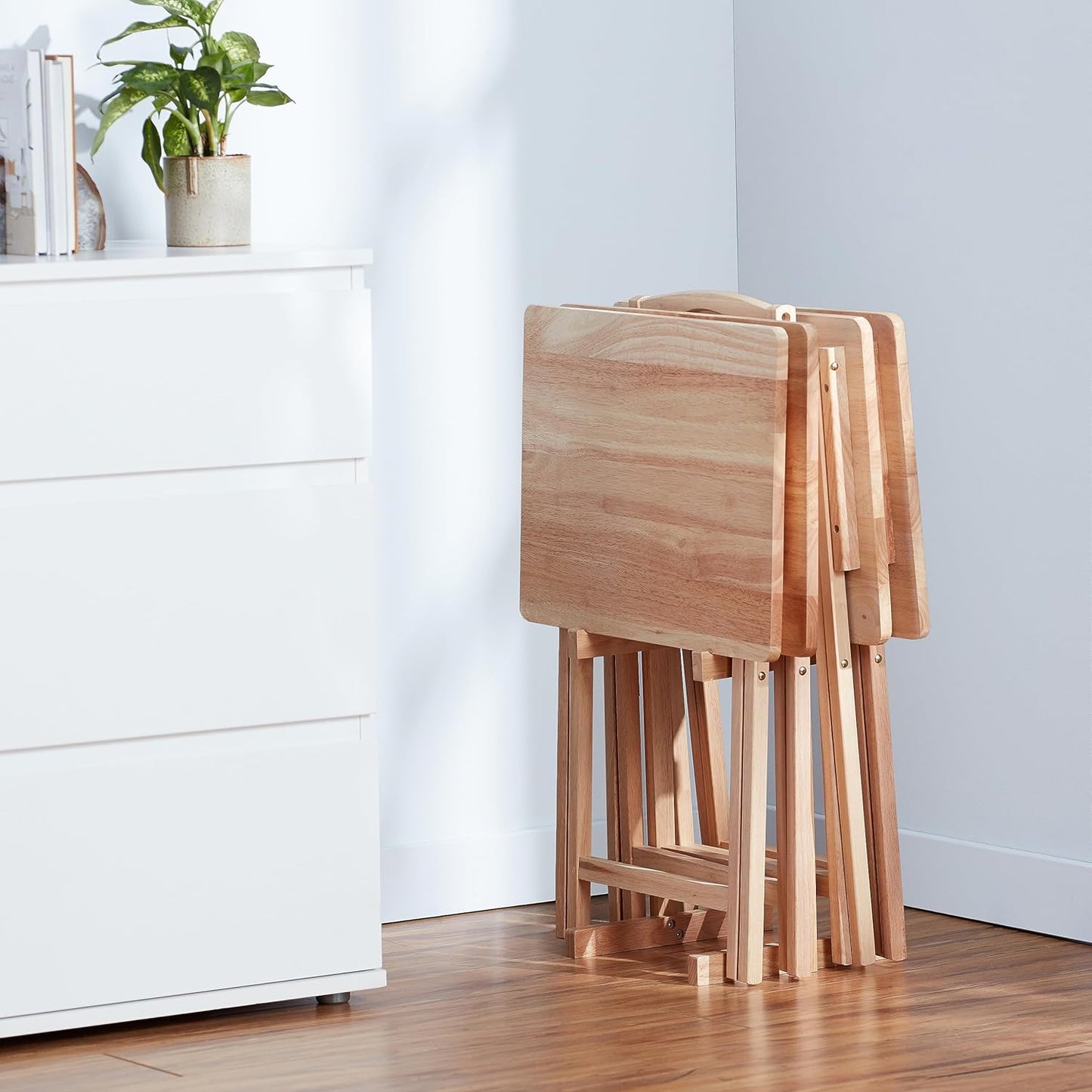 Foldable TV Dinner Tray Table with Storage Rack, 14.6 L x 19 W x 26 H inch, Natutral, 4-Pack