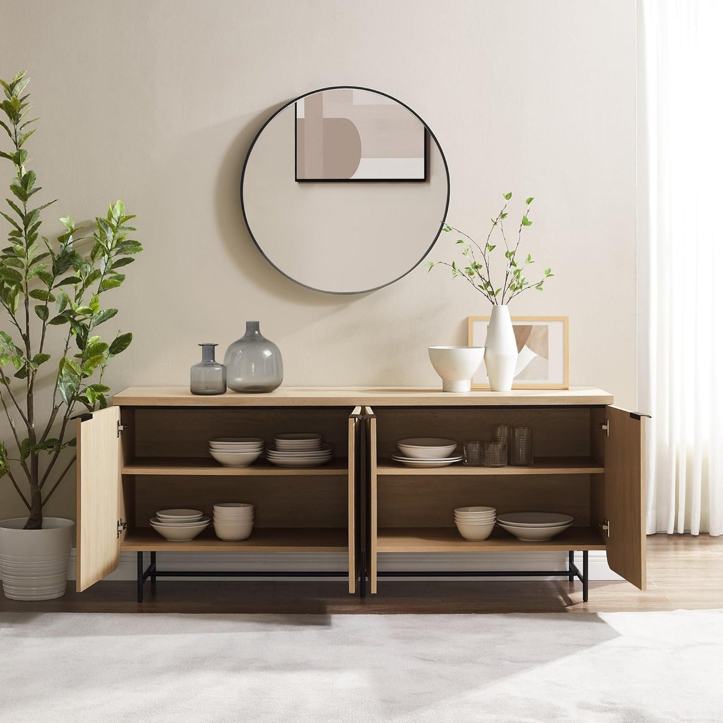 Walker Edison Reema Fluted 4-Door Kitchen Sideboard Buffet Console, 69 Inch, Coastal Oak