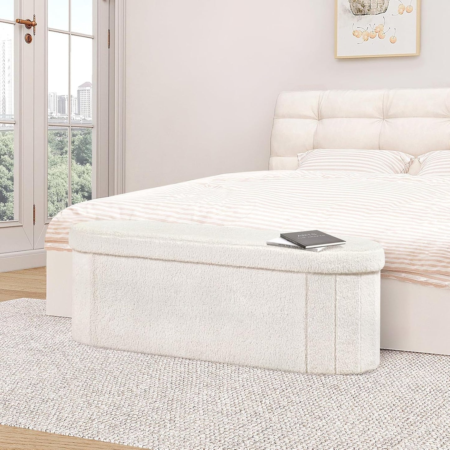 B FSOBEIIALEO Ottoman with Storage for Living Room, Sherpa Folding Storage Ottoman Foot Rest, 43.3 Inches Collapsible Bedroom Bench White