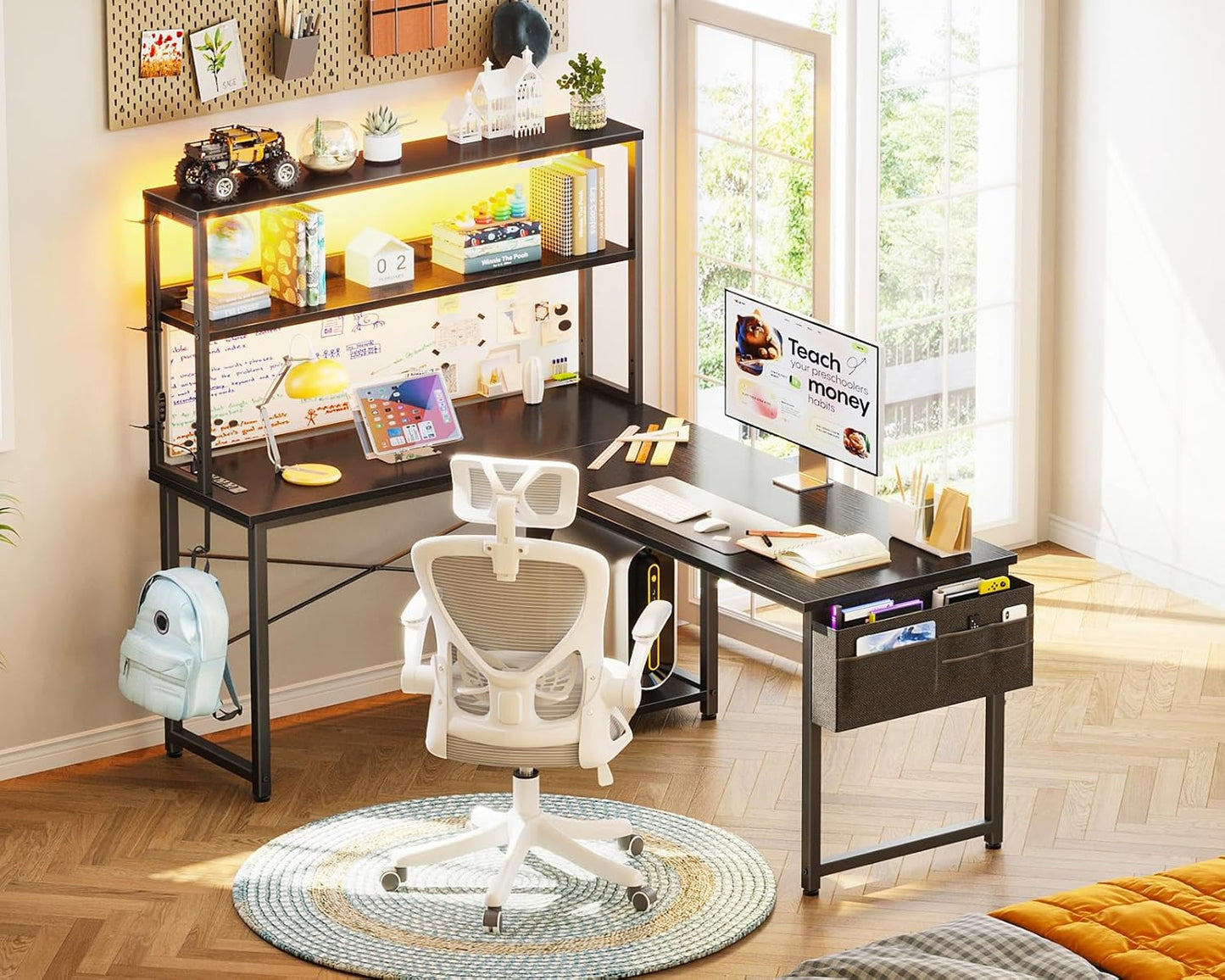 AODK L Shaped Desk Gaming Desk with LED Light & Power Outlet, 53 Inch Reversible L Shaped Computer Table with Shelf & Storage Bag & Hook for Home Office, Black