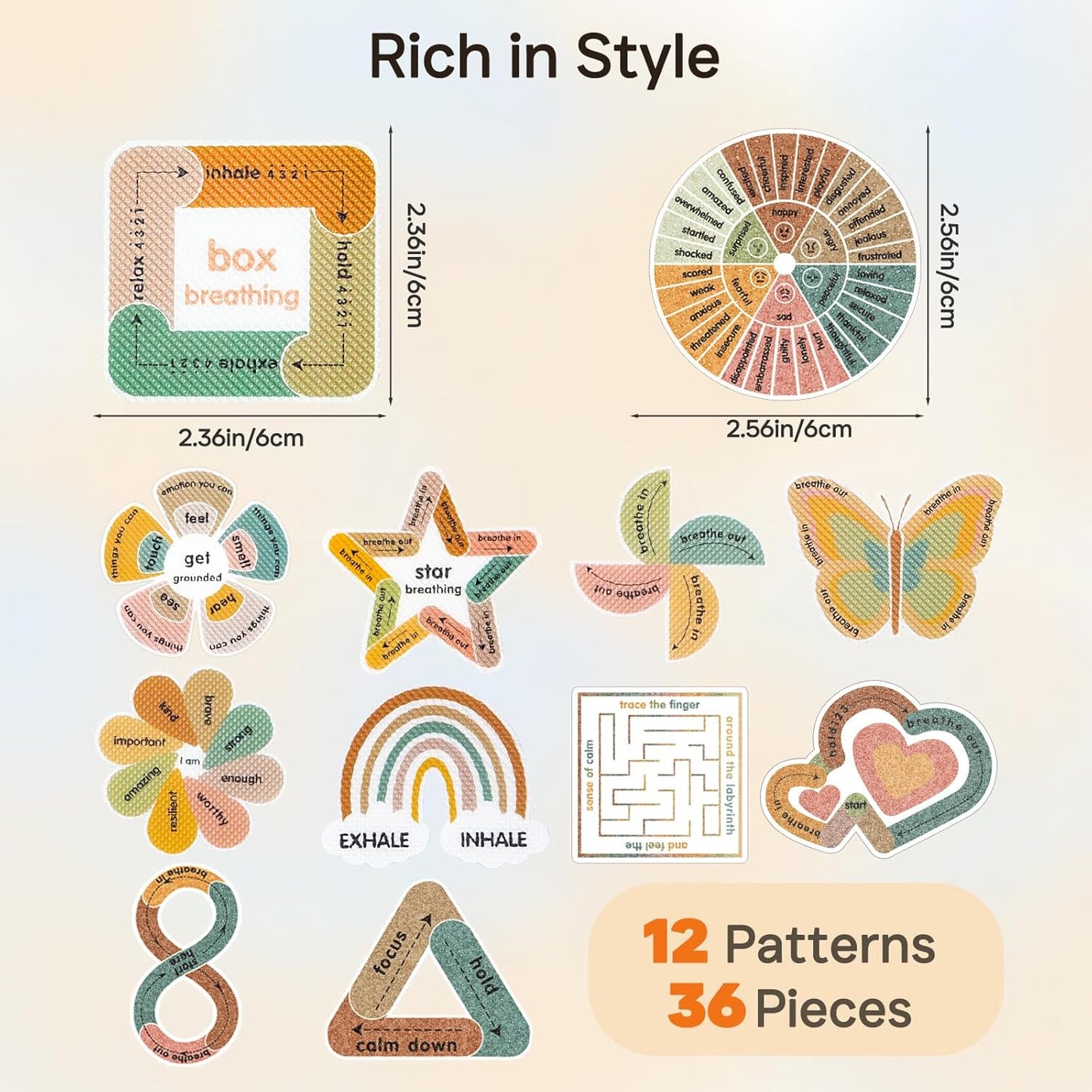 Calm Strips for Anxiety Sensory Stickers, 36Pcs 2 Textured for Mood Calming, Breathing Mindfulness Fidget Sticker for Kids, Anxiety Relief at Office & Classroom Desk