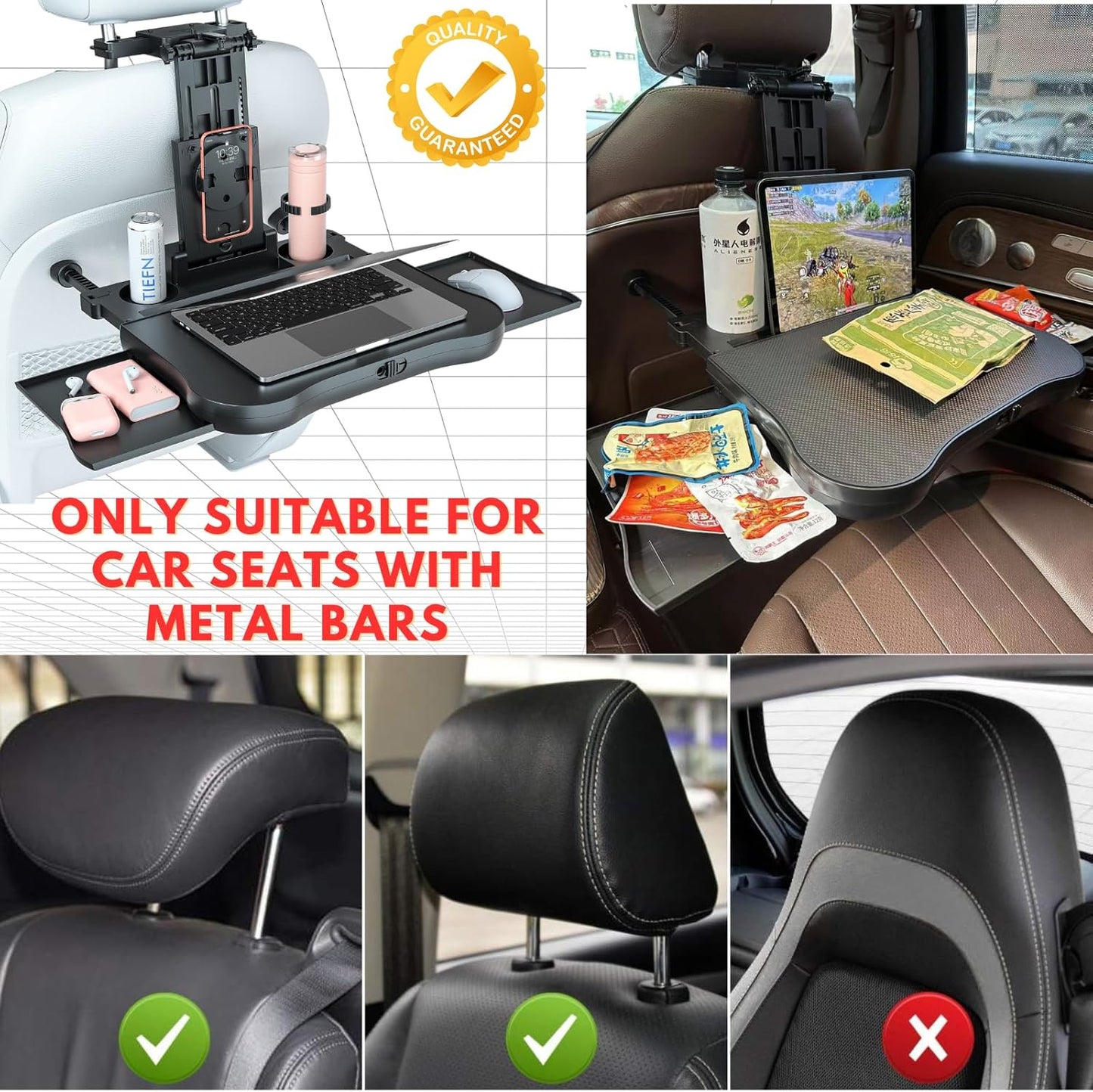 Large Car Desk for Laptop | Steering Wheel Tray Table | Foldable Back Headrest Seat Eating Food Trays with Drinks Cupholder Phone Tablet Holder for Kids | Car Travel Essentials for Long Trips