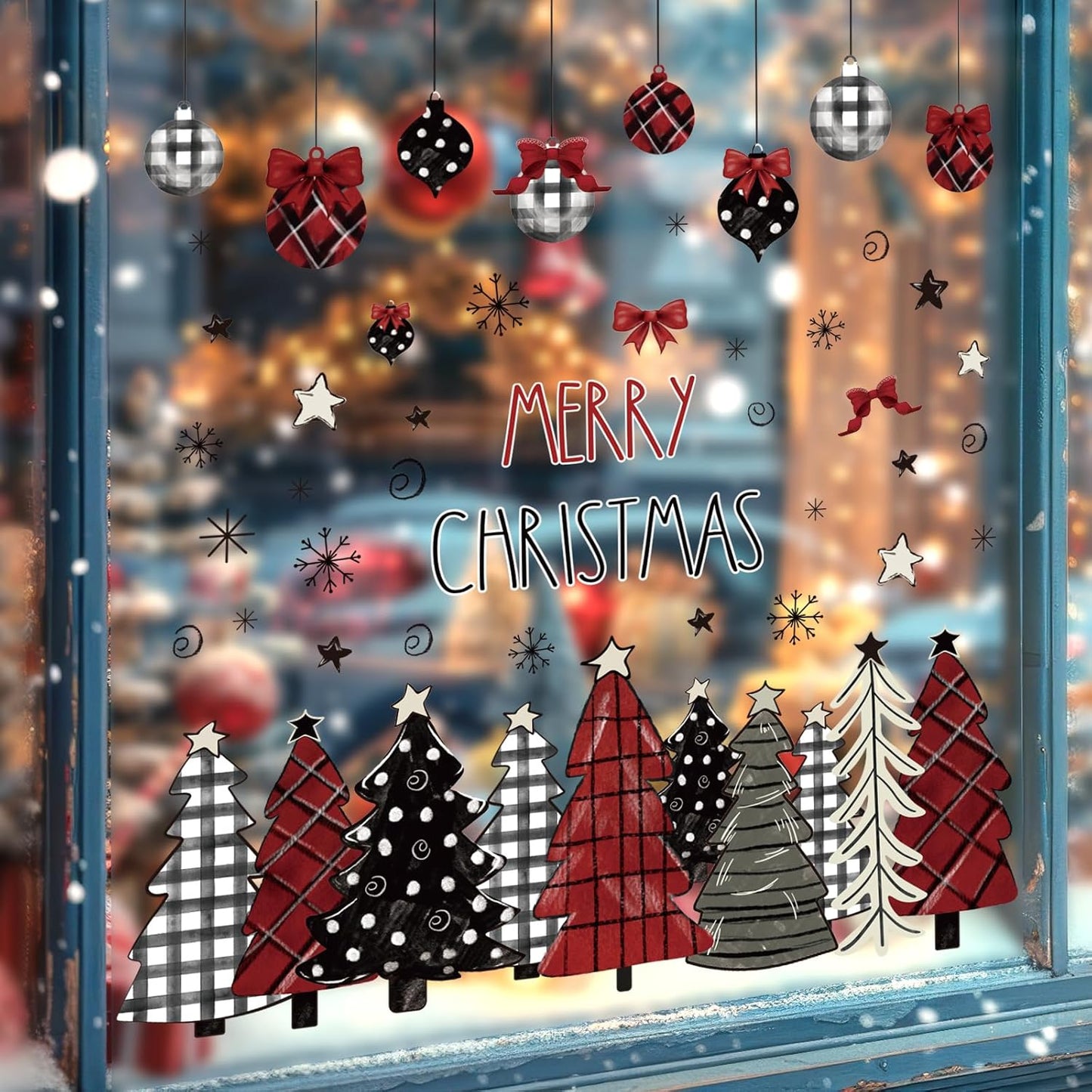 Whaline Merry Christmas Window Clings Red Black Xmas Tree Ball Snowflake Window Stickers Double-Side Plaid Glass Decals for Home Party Supplies, 7.9 x 11.8 Inch, 9 Sheets