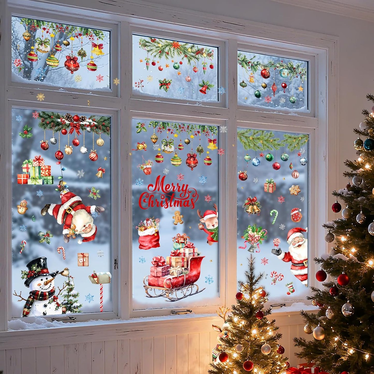 9 Sheets Christmas Window Stickers - Festive Holiday Lights, Santa, Snowman & Reindeer Window Clings, Reusable Christmas Windows Decals for Home Party Decor/Indoor Glass Decoration Festival Decor