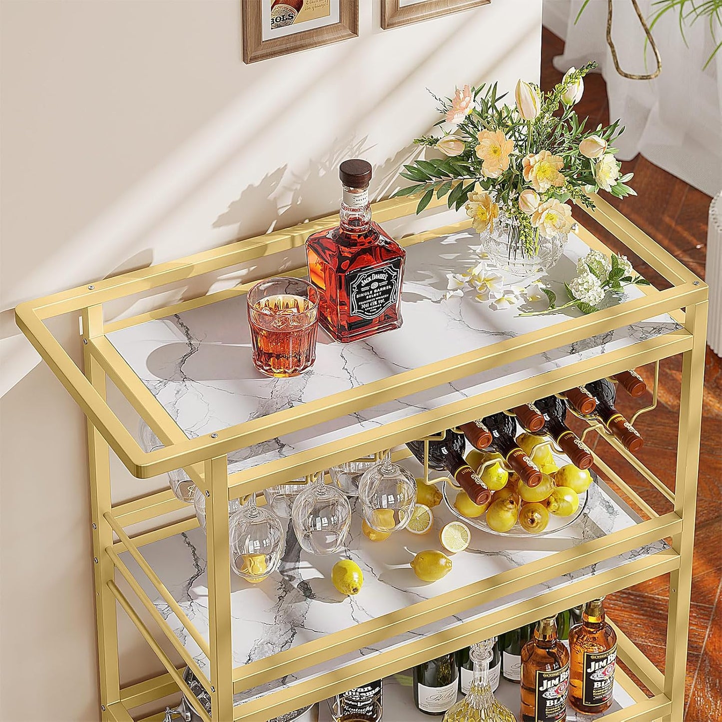 Leteuke Bar Cart for Home, 3 Tier Gold Serving Rolling Carts with Wheels, Drink Cart, Liquor Stand with Marbled Wooden Shelves, Wine Rack and Glass Holder for Kitchen, Dining Room