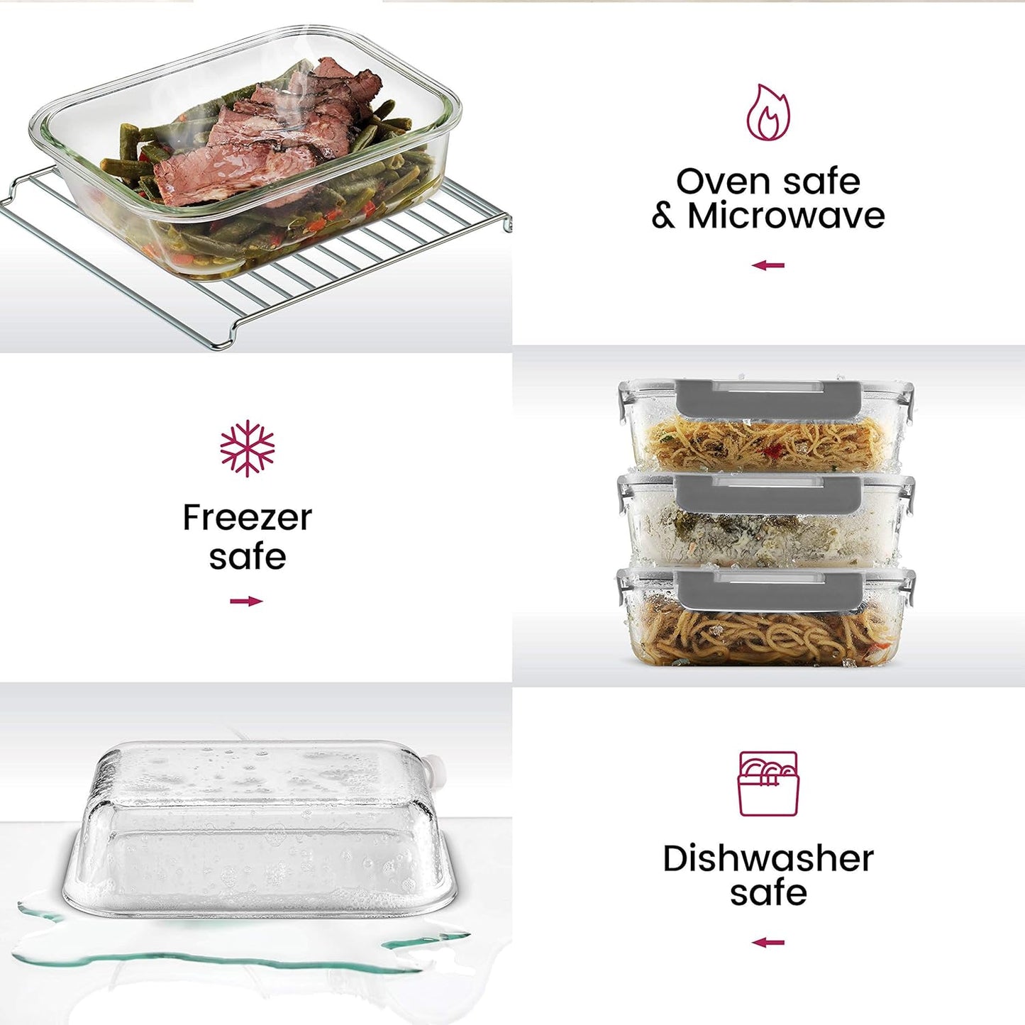 FineDine Airtight Glass Storage Containers with Hinged Locking Lid BPA Free for Meal Prep/Moving/Freezer/Oven