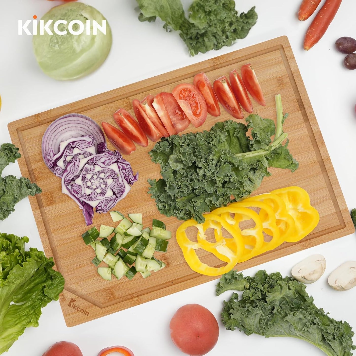 Bamboo Cutting Boards for Kitchen, Extra Large Wood Cutting Board with Deep Juice Groove and Handle Heavy Duty Chopping board, Kikcoin, 17.6" x 12"