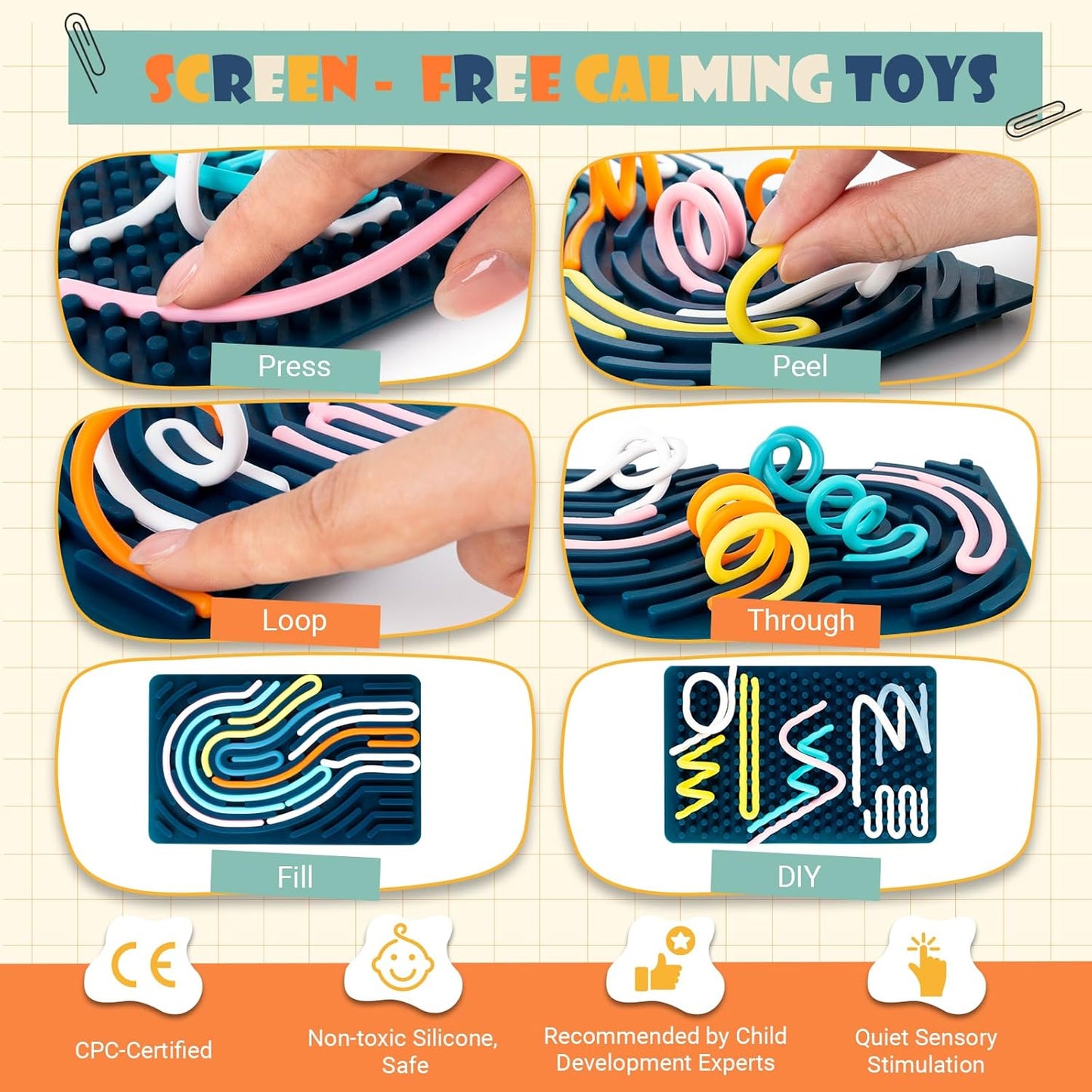 Sensory Activity Board, Double-Sided Silicone Sensory Fidget Toy with 15 Strings for Autism, Stress, Anxiety, Calming, Focus, No Mess, ADHD & Silent, for Kids 3+ & Adults with Portable Travel Bag